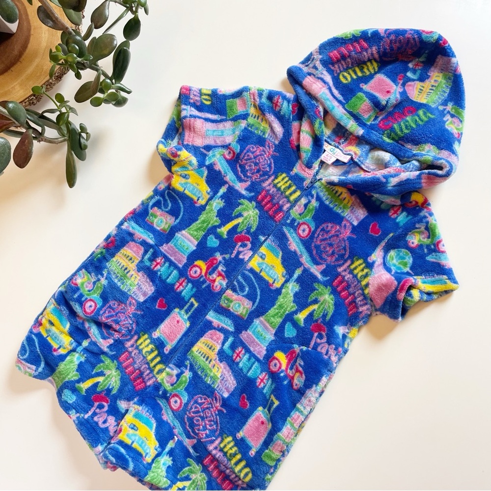 Candy Pink Girls' Hooded Travel Print Fleece Pajama Romper | 4/5